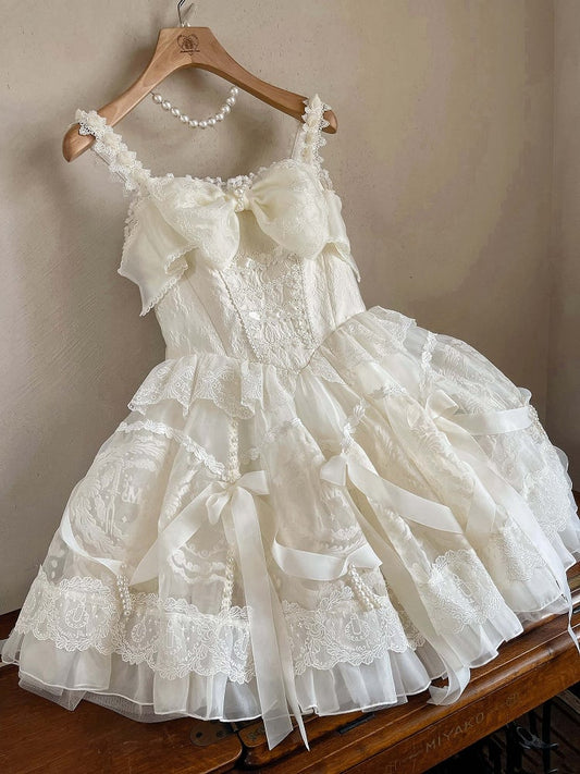 Dress Princess Lolita White Waist on and Ribbon Bows Beads Basque Skirt Creamy