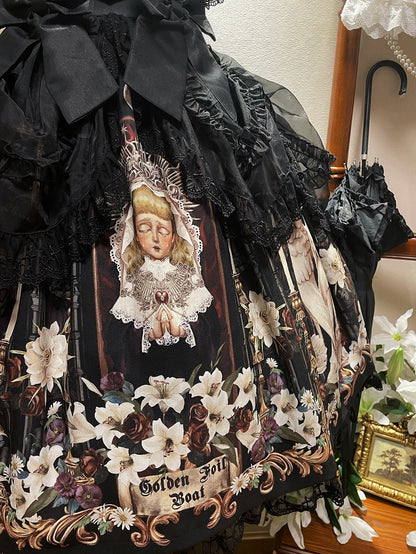 Robe noire à manches courtes style gothique lolita à imprimé poupée Lily et Puppet