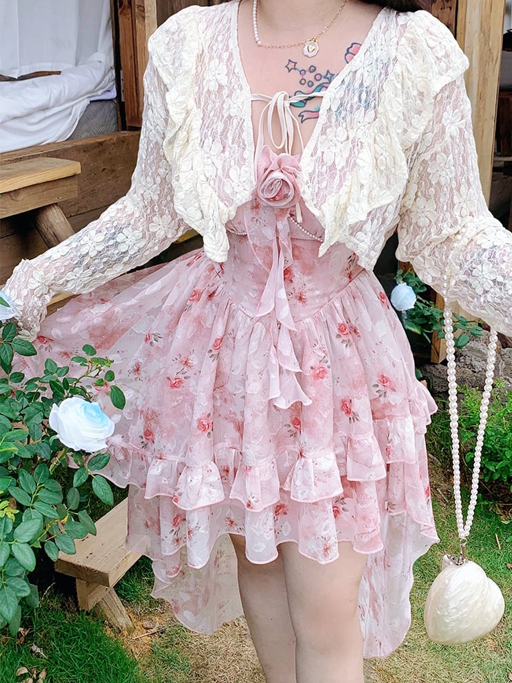 Hollow-out Lace Plus Top Size Straps Apricot Self-tie