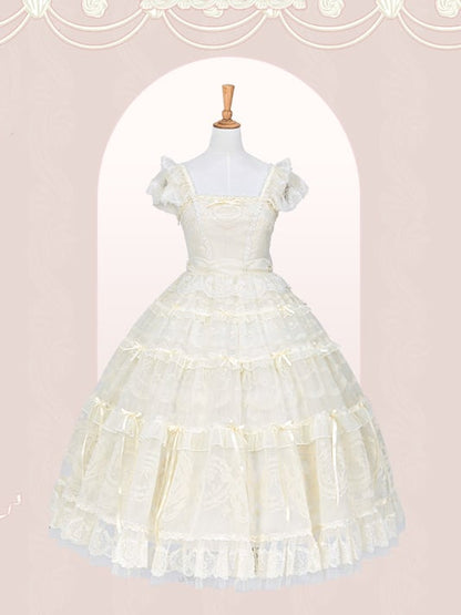 Beads Bow Creamy Princess Accents White Neckline Ribbon Dress Lolita