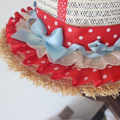 Applique Strawberry Red Details Straw Ruffles Hat Trim Bowknot