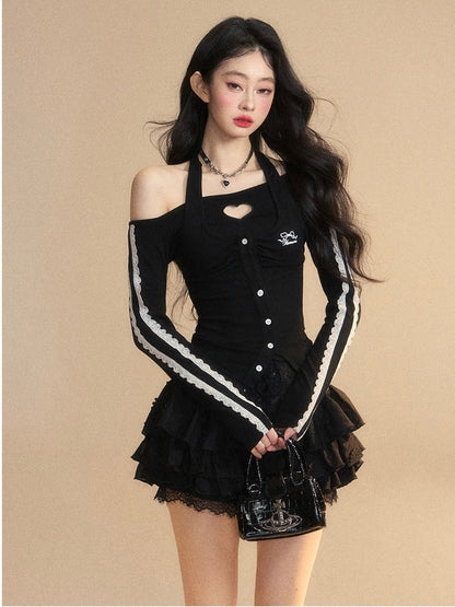 Trim Glamorous Lace Cutout Black Halter Neck Heart-shaped Top Slim-fitting