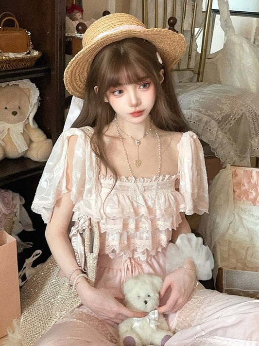 Flounce With Sakura Pink Chiffon Overlay Top Floral Embroidered Lace