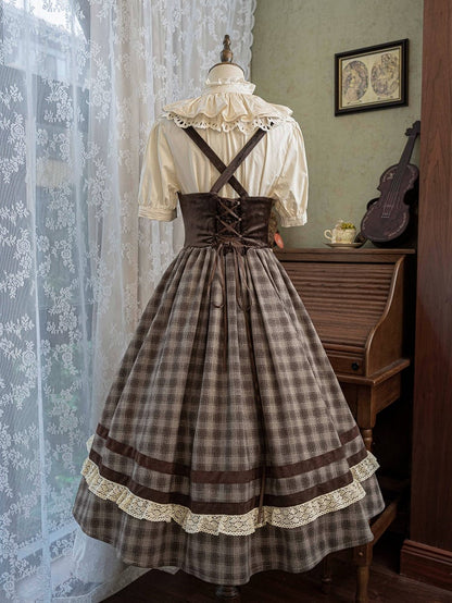 Brown Under Bust Plaid Pattern Lolita Dress Lolita Jumper Skirt