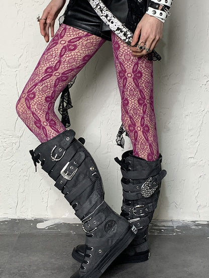 Hollow-out Red Tights Pattern Floral Y2K Rose