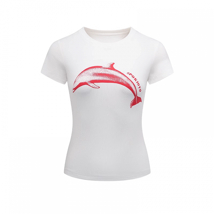 Red Dolphin Print White Round Neck Slim-fitting T-shirt