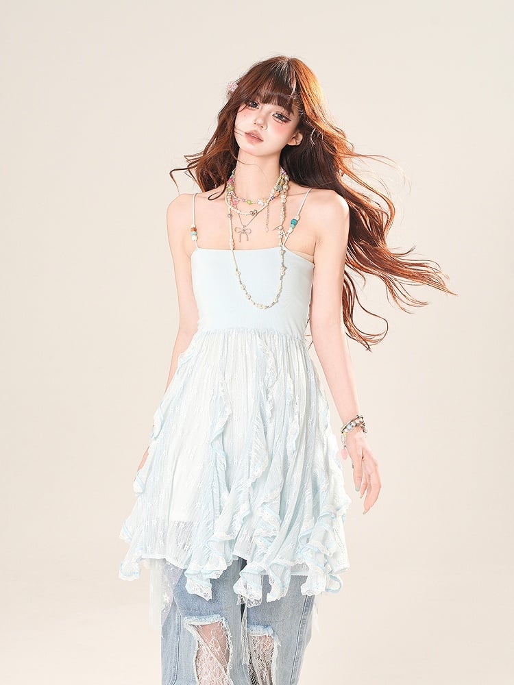Cascading Ruffle Accents Lace Cami Top Blue/Apricot
