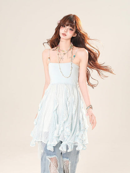 Cascading Ruffle Accents Lace Cami Top Blue/Apricot