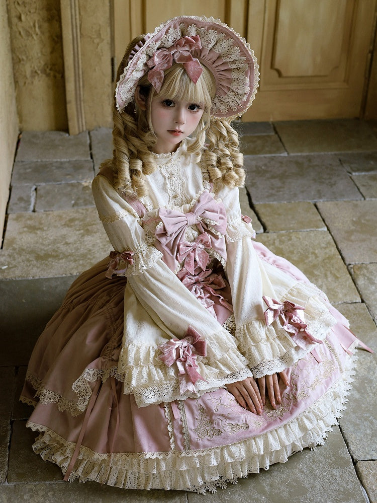 Lolita Candle Decoration Dress Bows JSK Velvet Embroidery / Pink