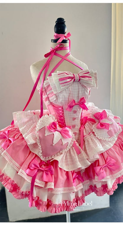 Pink Boned Basque Waist Puffy Dress with Bowknots and Big Padded Heart
