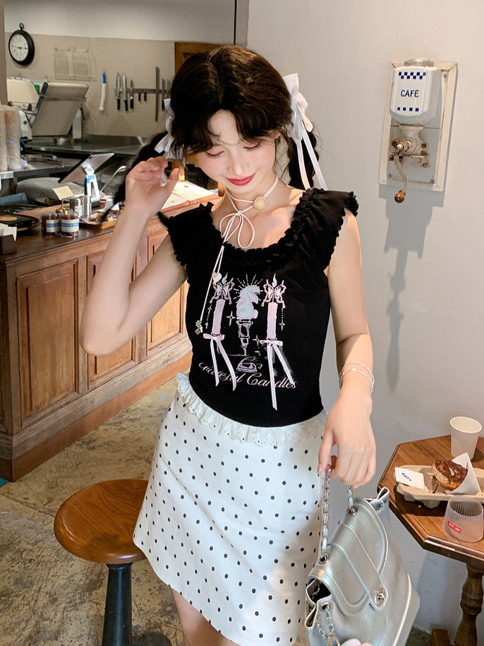 Top Tank Black Candlestick Print Lace Trim Bittersweet