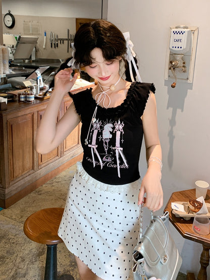 Top Tank Black Candlestick Print Lace Trim Bittersweet