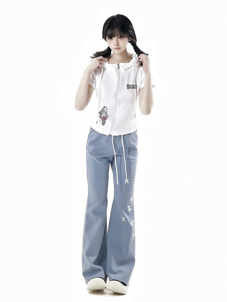 Bone Embroidery Drawstring Waist Flared Pants Black/Blue/Gray
