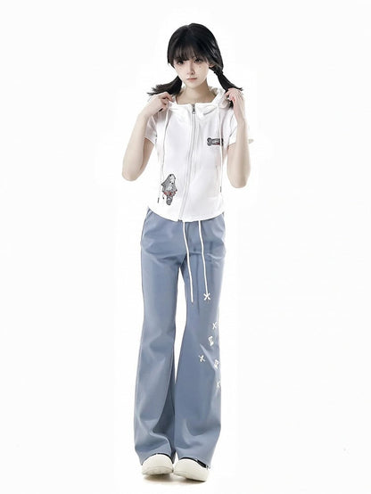 Short Sleeves Top Black/White Devil Horn Design Hood Zip Closure