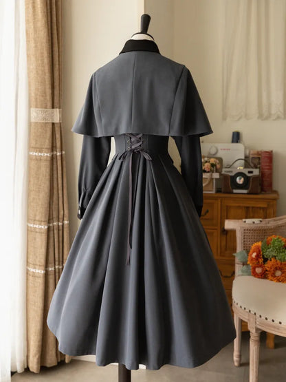 Lolita Winter Autumn Cape and Piece Elegant One Classic Dress Design Gray Dark