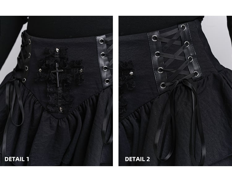Lace Tiered Skirt Cross Black Lace-up Waist Studded
