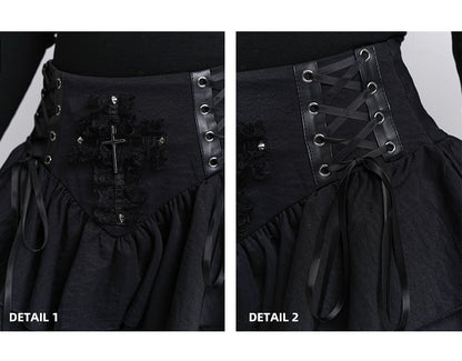 Lace Tiered Skirt Cross Black Lace-up Waist Studded