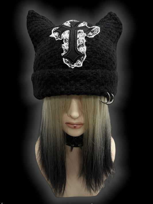 Punk Black Cat Ears Design Cross Patch Knit Hat