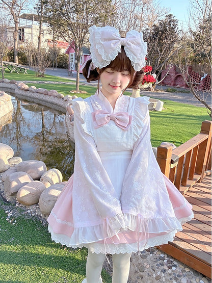 Pink & White Sakura Jirai Kei Full Set-Bell Sleeves Top+Puff Skirt+Apron Cherry Blossom Festival Wa Style Outfit