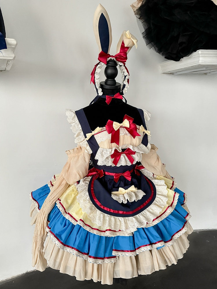 Dark Blue and Red Snow White Sweet Maid Apron + Basque Waist Strapless Tiered Ruffle Puffy Dress