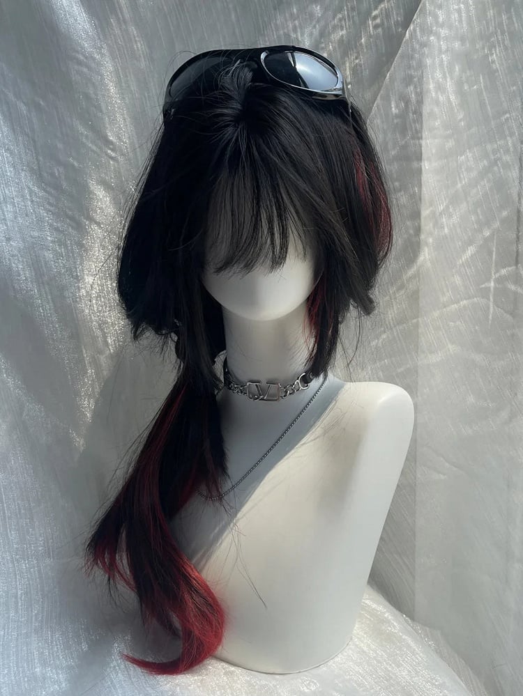 Black Red Highlight Hime Cut Long Straight Halloween Synthetic Wig