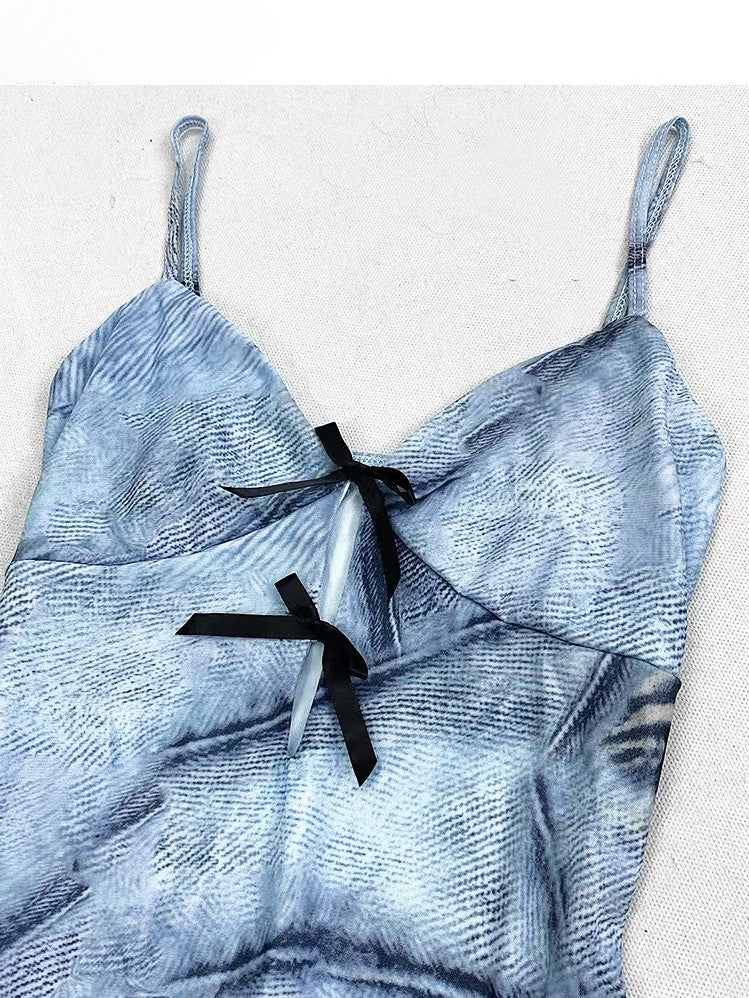 Y2K With Ruffle and Dress Cami Blue Camisole Black Cascading Trim Skirt Glamorous High-low