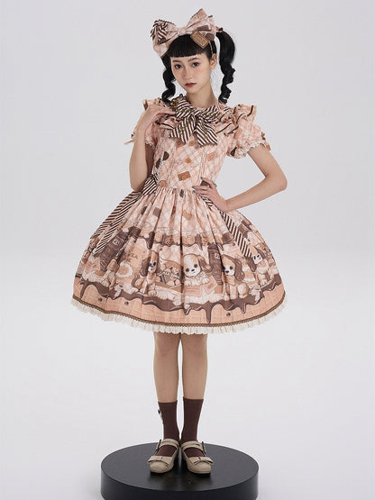 Puppy and Biscuit Print Yellow Sweet Lolita Short Sleeves Dress