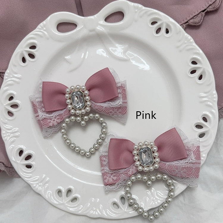 Jirai Kei Rhinestone and Beaded Heart Accents Bowknot Hairclips