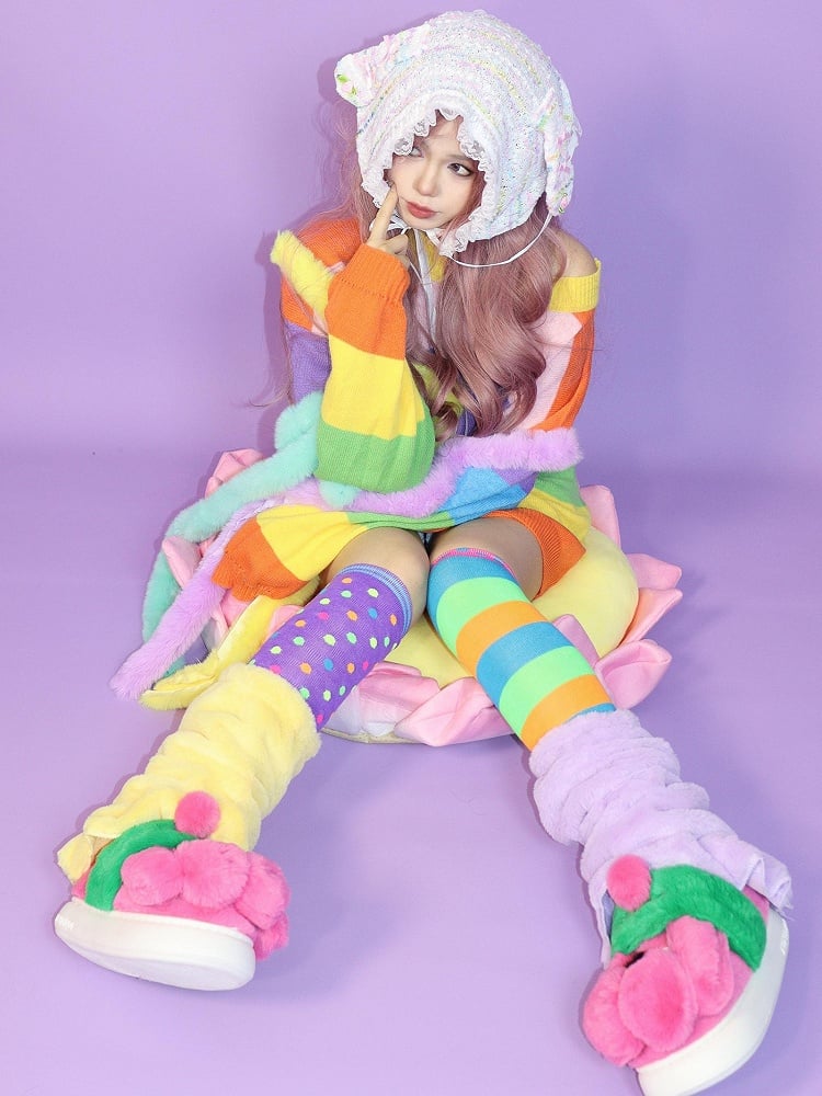 Warmers Leg Colorful Over-Knee + Fashion Plushie Striped PerpleYellow Gyaru Stockings And Pattern Polka-Dot