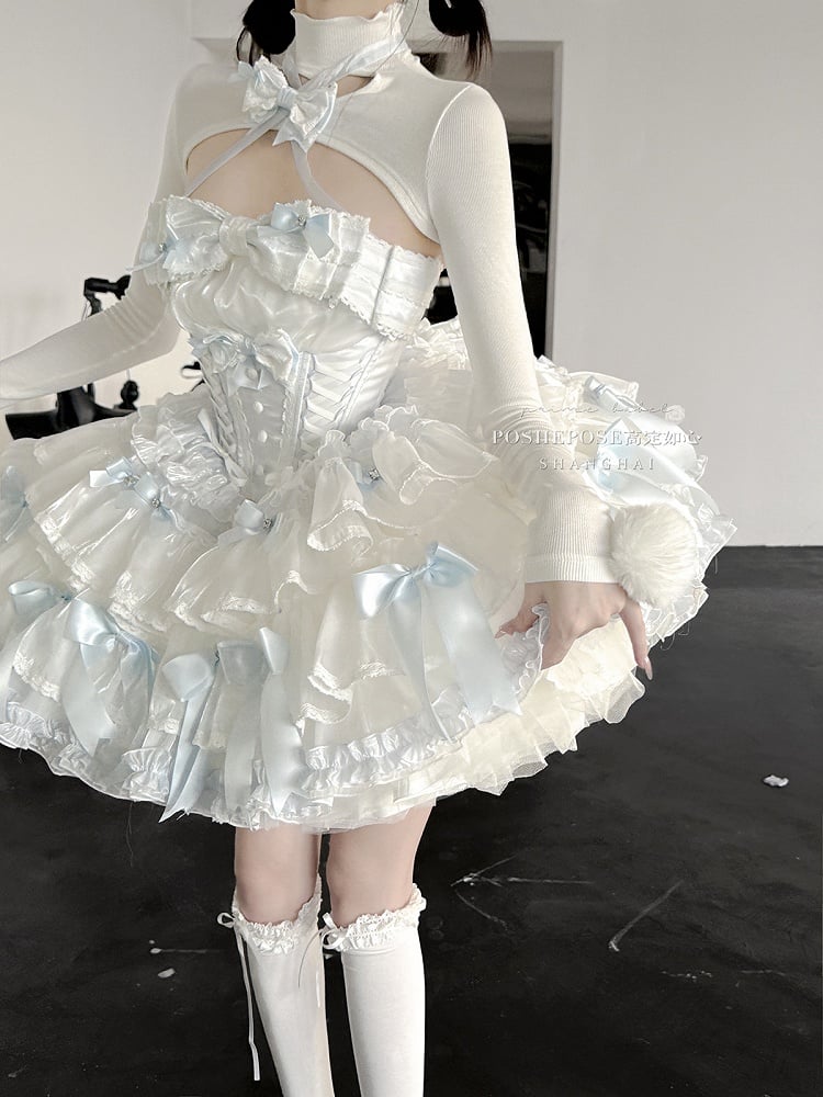 Blue and White Basque Waist Satin Bows Strapless Puffy Dress Full Set