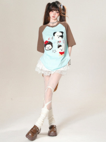 T-shirt Plush Kawaii Beige/Blue Puppy Letter Applique Embroidery Daily