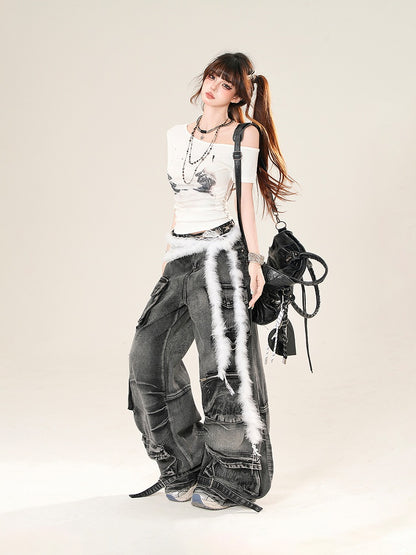 Black Low Rise Cargo Pockets Wide-Leg Jeans