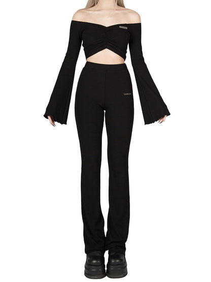 Knit Pants Stretchy High-Waisted - Flared Figure-Flattering Black