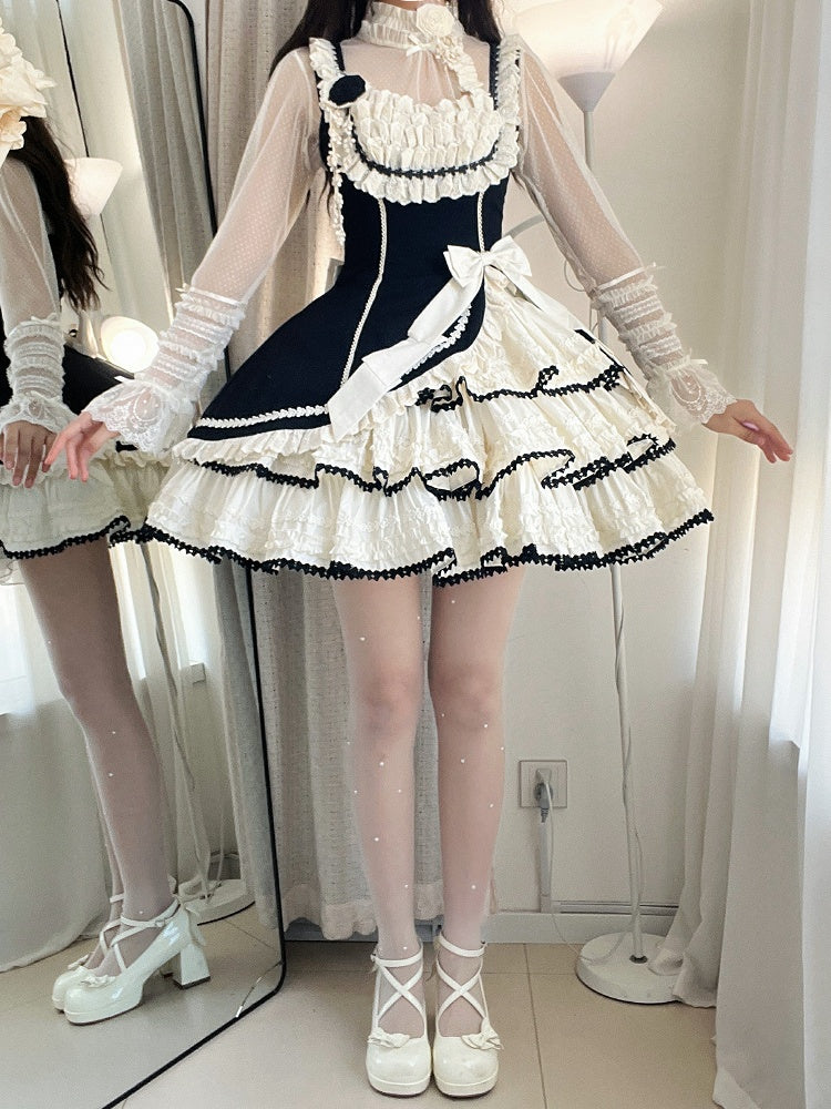 Jumper Beige Lolita Black Fit and Skirt Elegant Tiered Slim Waist