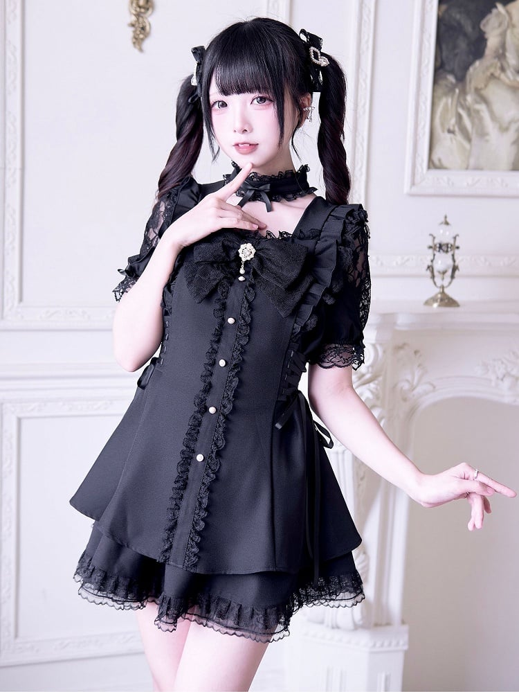 Jirai Kei Black Set: Cutout Shoulder Mini Dress with Lace-up Side Details and Skirt
