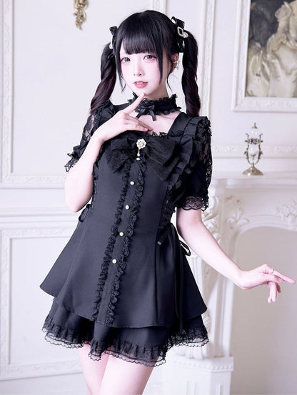 Jirai Kei Black Set: Cutout Shoulder Mini Dress with Lace-up Side Details and Skirt