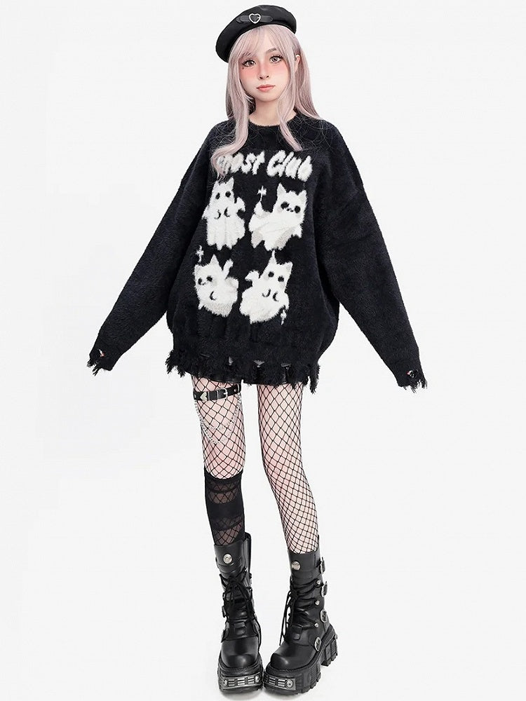 Cute Ghost Cats Distress Trim Black Soft Sweater