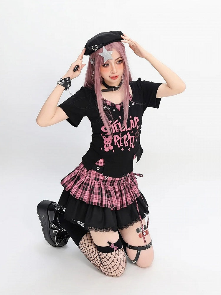 Y2K Black Pink/Black  White Plaid Star with Detail Tiered Skirt Lace-up Buckle