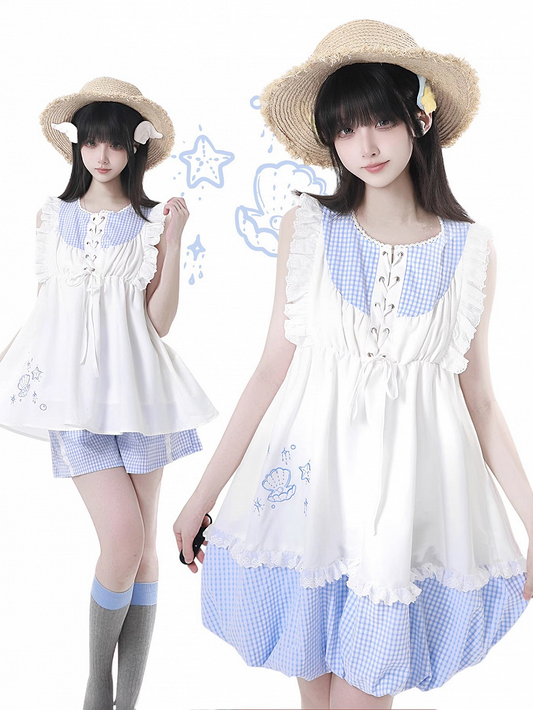 Bubble Skirt Plaid Flutter Sleeves Dress Blue Seashell and Starfish Embroidery White and