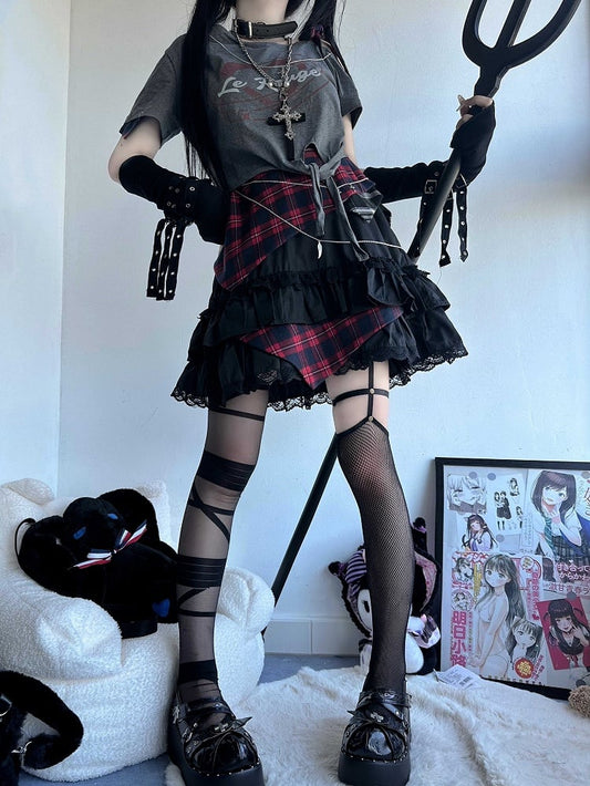 Jirai Black Skirt Lace Trim Idol Plaid Kei Tiered