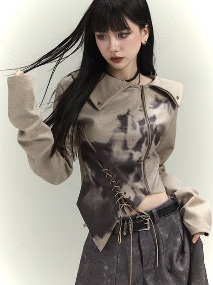 Wasteland Punk Khaki Asymmetrical Hem Cropped Jacket with Lace-up Detail at Front