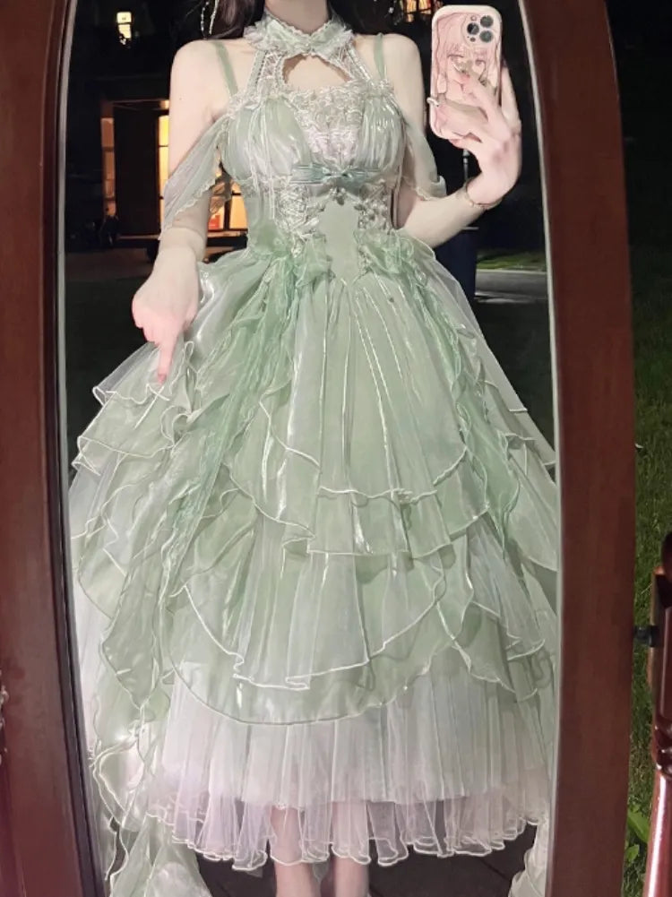 Skirt Layered Fairy Dress Trim Light Princess Lolita Cascading Ruffle Green Corset