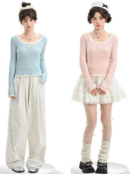 Blue Bowknot Details Round Neck Slim-fit Knit Top