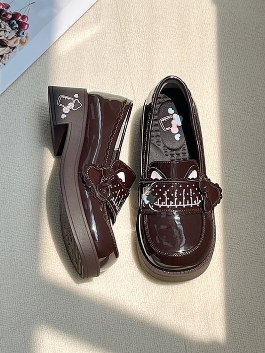 Shoes Style Design Mid-heel Ear Preppy - PU Bottle Cat Milk Print Brown Slip-On with Accents