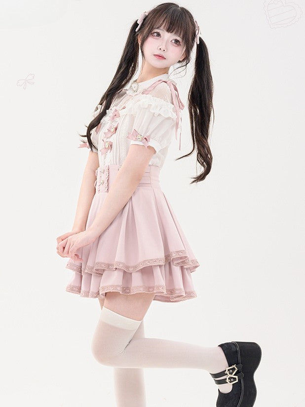 Bowknot Short Jirai Rhinestone Shirt Pleating Pink Details Sleeves Decorated Kei Heart