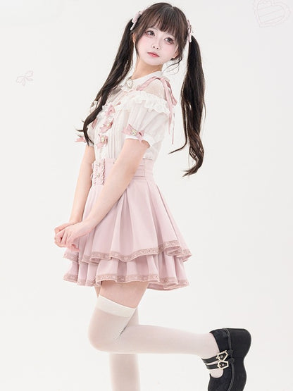 Bowknot Short Jirai Rhinestone Shirt Pleating Pink Details Sleeves Decorated Kei Heart