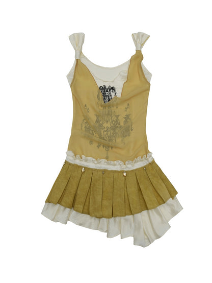 Rhinestones Yellow Box Pleat Skirt Fake Dress Set