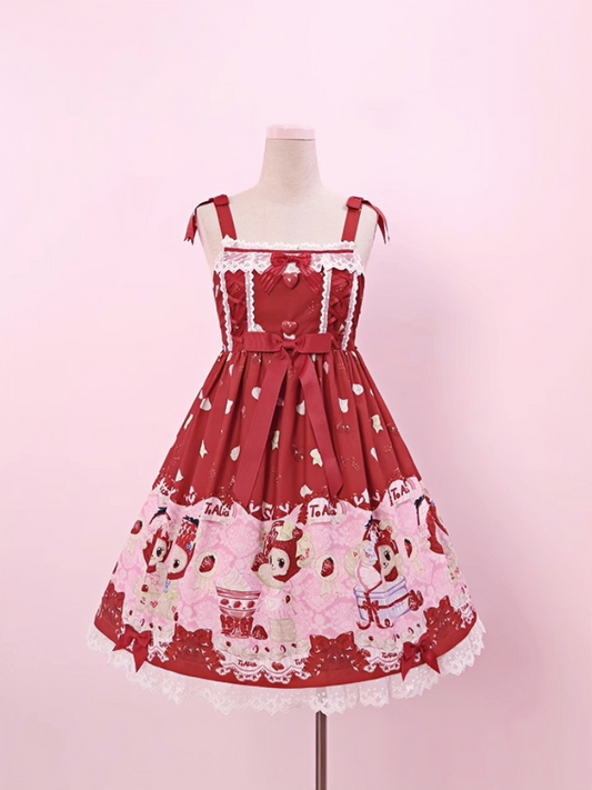 Lolita Dress Cottagecore Red Strawberry and Bear Print Bowknot JSK Chiffon Country Accents