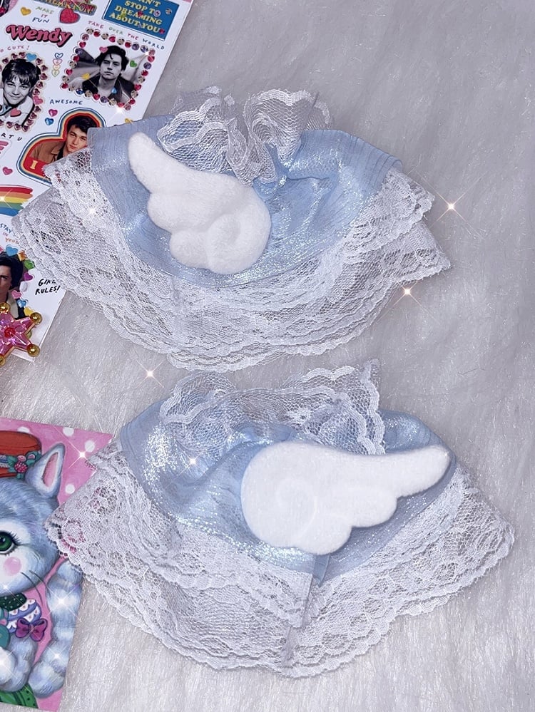 Verzierte Plüschmanschetten Handgelenksflügel Jirai Blau/Rosa Spitzenbesatz Kei