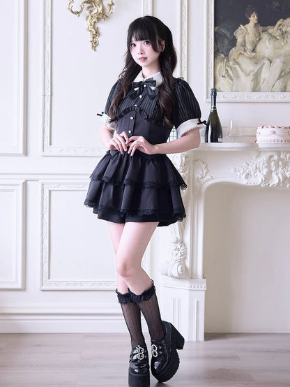 Shorts Faux Two-pieces and Dress Layered Kei Skirt Lace Black Jirai Striped Set- Trim